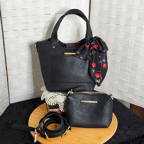👉STEVE MADDEN BREECE BLK SATCHEL BAG W/ COLORFUL SCARF, STRAPS & POUCH ~VEGAN - Picture 11 of 11
